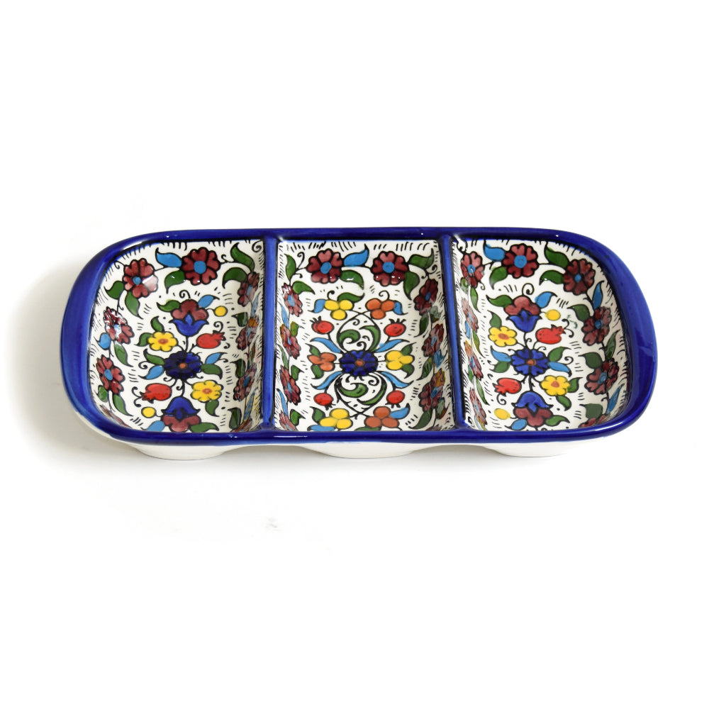 Oblong 3-part divided dish - handmade Hebron ceramic